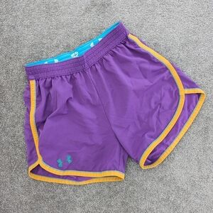 UNDER Armour 4" Shorts Womens Small Purple Yellow Trim Running Yoga Loose XSmall